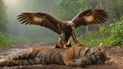 AI Generated: Eagle Feeding on Tiger Carcass
A hyper-realistic cinematic shot of a powerful eagle perched on the body of a dead tiger in a misty tropical forest. The eagle grips the tiger’s striped fu