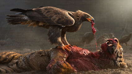 AI Generated: Eagle Feeding on Tiger Carcass
A hyper-realistic cinematic shot of a powerful eagle perched on the body of a dead tiger in a misty tropical forest. The eagle grips the tiger’s striped fu