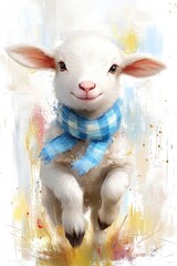 Playful lamb sporting a blue checkered scarf, skipping across a vibrant meadow. For children's tales, cards, and activities.