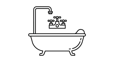 A simple line art icon of a classic clawfoot bathtub with a faucet and running water, representing bathroom, plumbing, and relaxation.