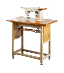Vintage Sewing Machine on a Wooden Table with Metal Frame Stand