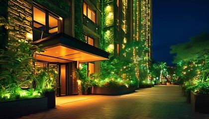Elegant nighttime entrance in a lush green environment urban location captivating architectural photography