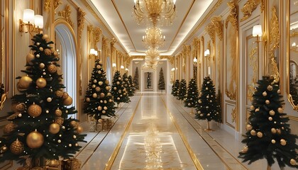 Elegant christmas hallway with festive trees opulent venue interior design winter wonderland captivating perspective