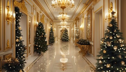 Christmas elegance a festive hallway with decorated trees luxurious mansion interior photography holiday spirit wide angle celebration