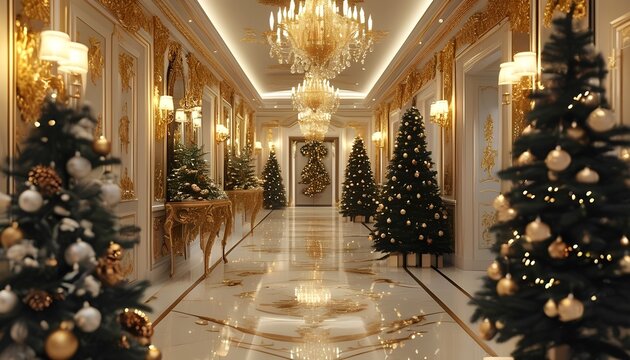 Elegant holiday hallway luxurious mansion interior scene festive environment wide angle christmas spirit