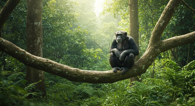 Majestic chimpanzee rests on lush jungle branch bathed in warm forest light