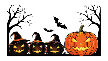 Halloween Pumpkin Silhouette: A playful Halloween design featuring carved pumpkins adorned with witch hats, bats, and bare trees. Ideal for holiday decor, graphic projects, and festive events.