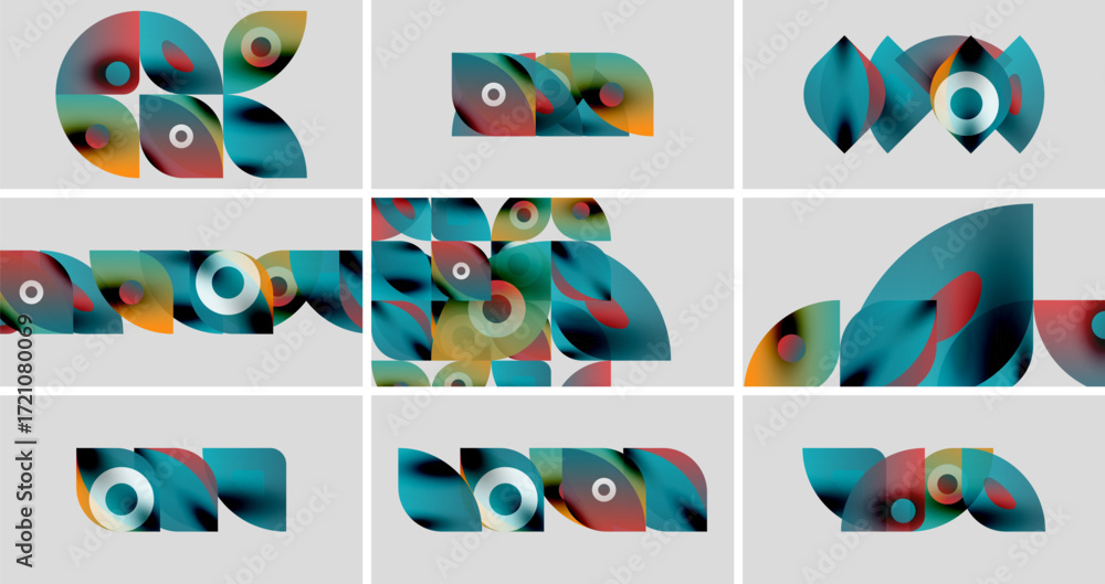 Poster abstract geometric shapes, vibrant colors, arranged in grid pattern. modern design elements, overlap