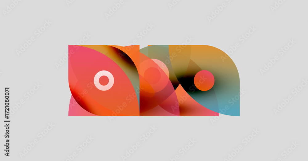 Poster abstract shapes overlap, creating vibrant color blends. circles punctuate composition, offering visu