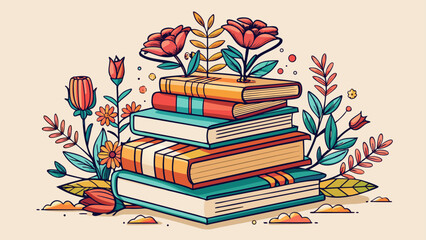 Stack of books with flowers line art illustration, delicate minimalist drawing, merging nature and literature, evoking learning, beauty, and inspiration, perfect decorative element for stationery, 