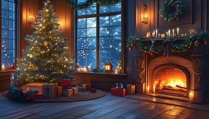 Cozy holiday gathering with christmas tree living room digital art festive atmosphere warm glow celebrating togetherness