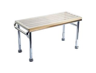 A minimalist bathroom bench with a beige seat and chrome legs isolated on white