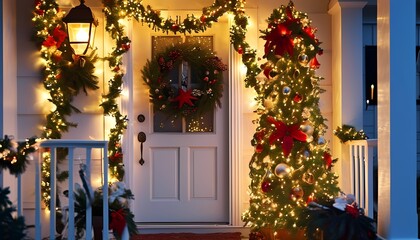 Festive christmas decorations cozy home entrance holiday scene nighttime ambiance front view winter celebration