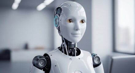 A sophisticated robotic android diligently performing administrative tasks within a futuristic corporate office environment.