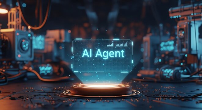 A sophisticated digital entity presented on an illuminated pedestal within a dynamic cybernetic holographic environment. - Powered by Adobe