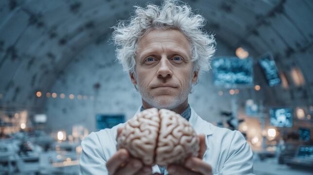 A scienctist man white hair holding a human brian is his hand , lab is bakground.