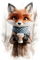 Brown fox wrapped in a cozy coat with a blue checkered scarf, with a steaming cup of coffee, in a wintery landscape. For kids' literature, cards, and projects.