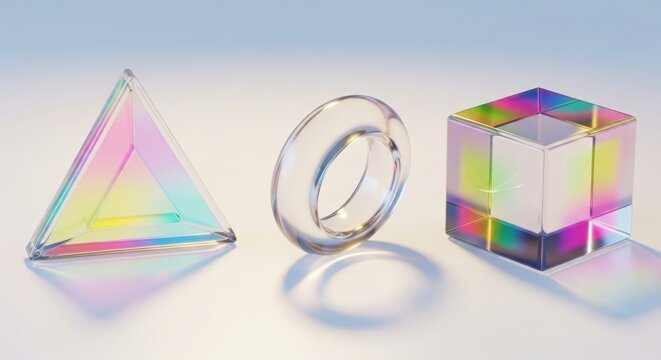 Holographic geometric shapes: crystal cubes, rings, and triangles with rainbow gradients on a white backdrop