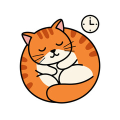 Sleeping Orange Cat Cartoon with Clock