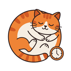 Sleeping Cute Orange Cat with Clock