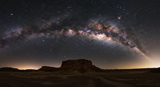 Stunning Milky Way galaxy arcs over dramatic desert landscape under starry night sky