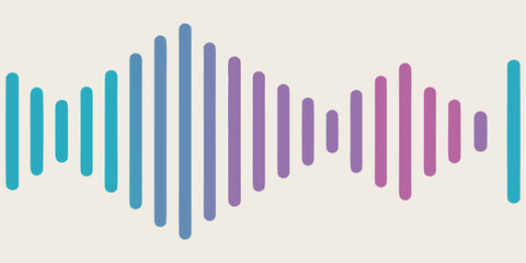 A vibrant soundwave visualization with smooth vertical bars in gradient colors, transitioning from cyan to blue to purple to pink. The waveform is symmetrical, glowing softly against a clean white bac