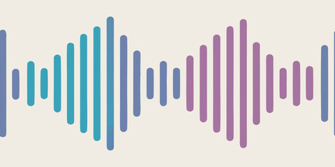 A vibrant soundwave visualization with smooth vertical bars in gradient colors, transitioning from cyan to blue to purple to pink. The waveform is symmetrical, glowing softly against a clean white bac
