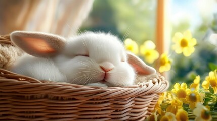 In a cozy wicker basket, a fluffy rabbit with soft white fur rests. A warm, comforting atmosphere reflecting childhood experiences.