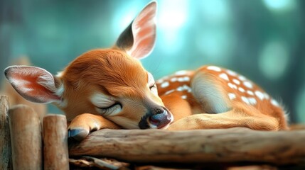 Gentle fawn with soft fur in a simple wooden crib under dappled sunlight. A warm, inviting ambiance recalling childhood.