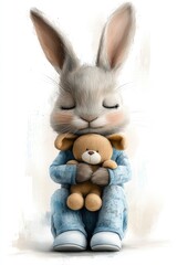 Bunny in comfy blue pajamas and fluffy slippers, cuddling a favorite stuffed animal. An adorable cartoon rabbit brings a smile and warmth.