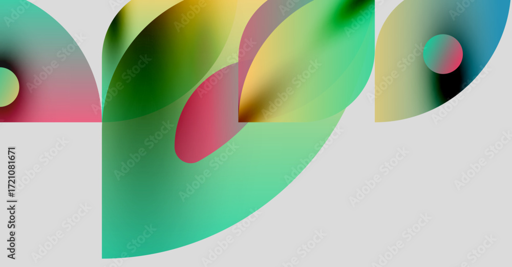Poster abstract colorful shapes overlap, creating vibrant gradients. soft curves dominate composition, evok