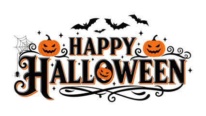 Happy Halloween: A festive Happy Halloween design featuring grinning jack-o'-lanterns, bats, and ornate decorative elements.