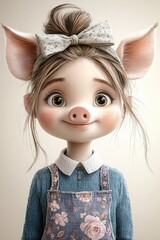 A cute animated character with a pig nose, blonde hair tied up with a bow, wearing overalls with flower pattern. For kids' stories, greeting cards.