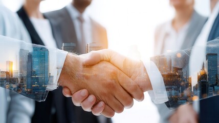 Business professionals handshaking, glowing urban skyline overlay representing collaborative synergy corporate achievement