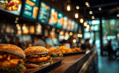 Blur Image Of Fast Food Restaurant. Delicious Burgers And Fries Displayed On A Counter