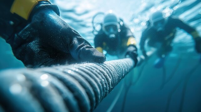 Commercial divers examining submarine pipeline underwater, highlighting marine engineering complexity against deep blue precision oceanic with professional backdrop