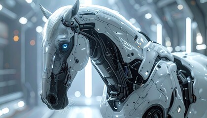 Robotic White Horse in Futuristic Setting