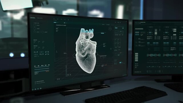 Futuristic 3D Printer Device Engineering Human Heart For Transplantation. Futuristic Engineering Device Used For Medical Operation. Futuristic Engineering Device Analyzes Patient To Replicate Organ