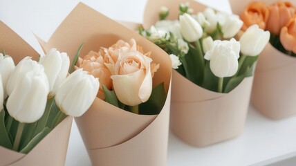 White tulips, peach roses arranged neatly in cardboard vases, delivery floral ready