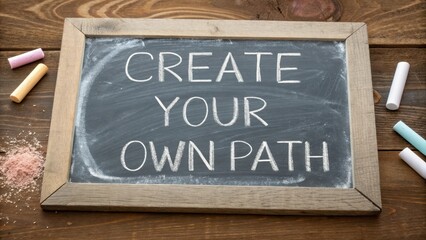 Fototapeta premium Inspirational Chalkboard Quote on Creating Your Own Path with Colored Chalk on Wooden Table
