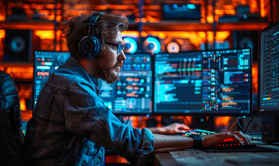 IT Specialist Working on Personal Computer with Multiple Screens Displaying Coding Language Interface in a Technical Data Center, Night Setting, Tech Professional Programming and Software Development
