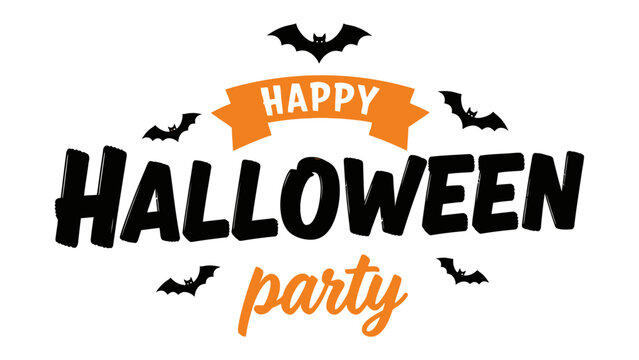Happy Halloween Party: A festive Halloween party logo, featuring spooky black bats and an orange banner, perfect for seasonal celebrations and themed events. - Powered by Adobe