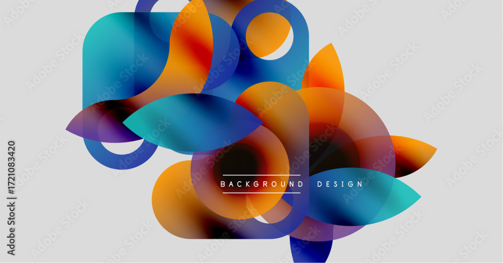 Poster abstract colorful shapes overlap. gradient hues blend, creating dynamic visual effect. modern design