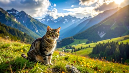 Fototapeta premium A tabby cat sits amidst wildflowers in a vibrant mountain meadow bathed in sunlight