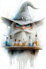 Pointed-hat wizard with a beard in front of a wooden desk with potions and candles. A cartoon character straight out of a fantasy tale.