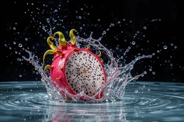 Fresh Dragonfruit Splashing into Water on Dark Background