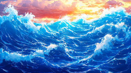 Vibrant Anime Style Ocean Waves during Sunset with Dynamic Blue and Orange Hues, Depicting Energy and Serenity in Nature, Ideal for Themes of Adventure, Fantasy and Seascape Artwork