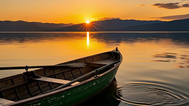 A lone wooden rowboat floats peacefully on calm water during a vibrant orange and yellow sunset, reflecting the suns rays