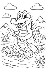 Crocodile on a Raft Coloring Page