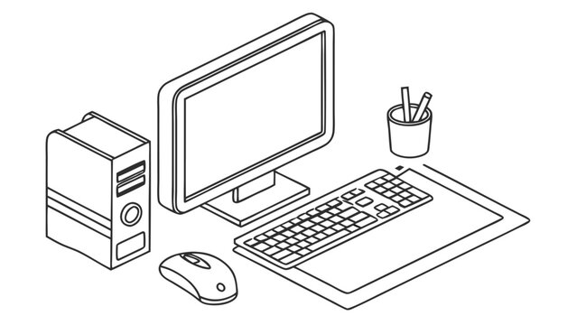 Isometric Line Art Desktop Computer Setup with Monitor, Keyboard, Mouse, PC Tower, and Pen Holder - Minimalist Office Workstation Outline Drawing